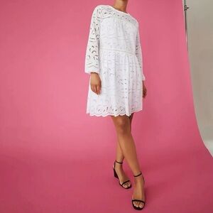LOFT Elegant White Eyelet Long Sleeve Dress